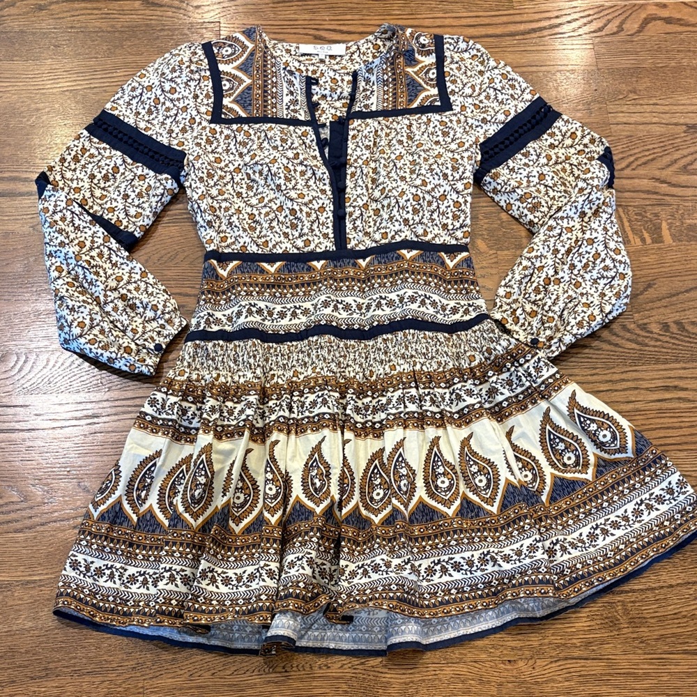 Sea New York Boho Print Tiered Mini Dress in Navy & Mustard, 2